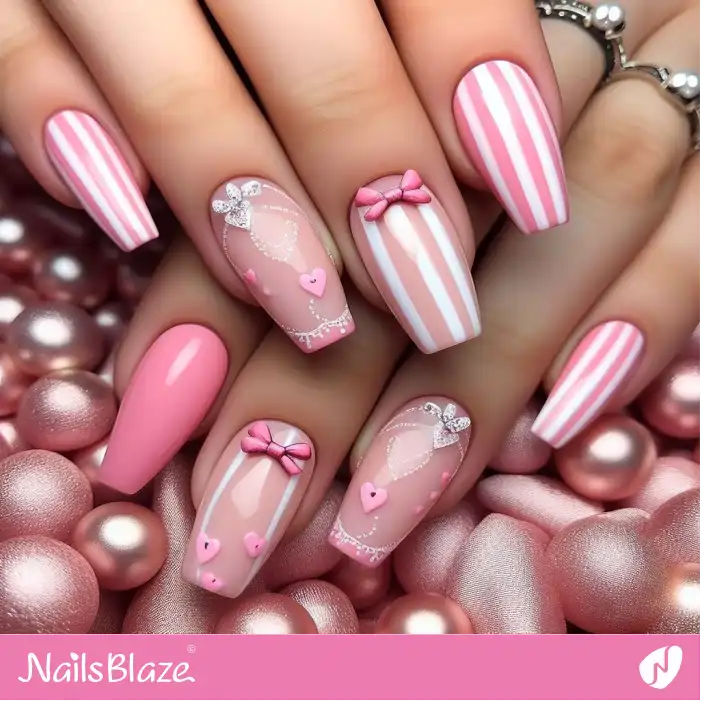 Striped Peach Fuzz Nails with Bows and Hearts | Color of the Year 2024 - NB1925